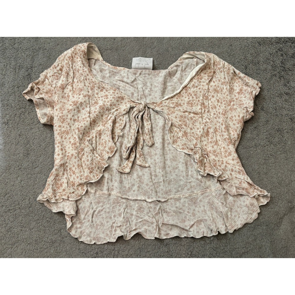 Sadie & Sage Floral Tie Front Ruffle Crop Top XL Tan Cream Boho Short Sleeve